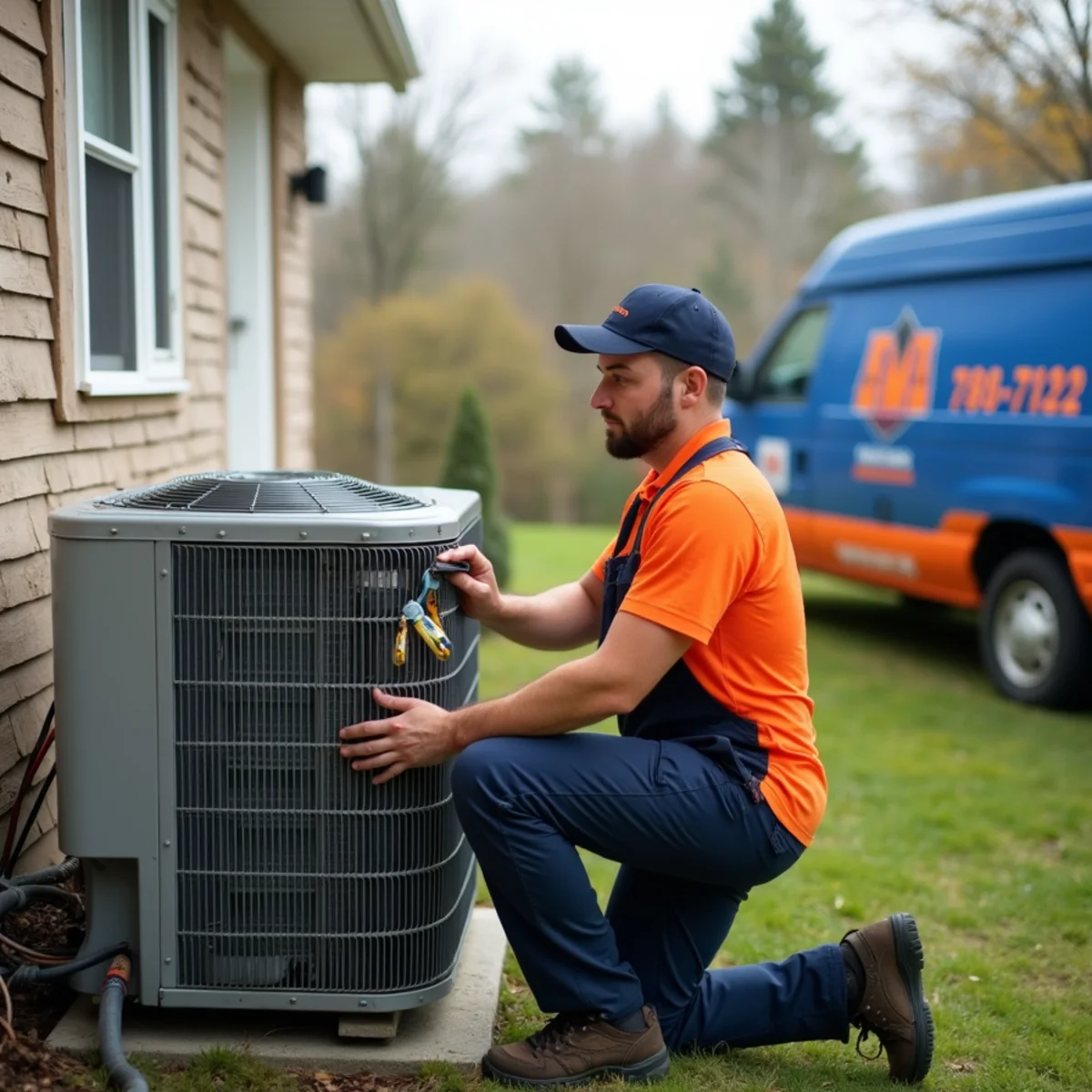 Technician performing spring AC maintenance on an outdoor unit in Pittsburgh