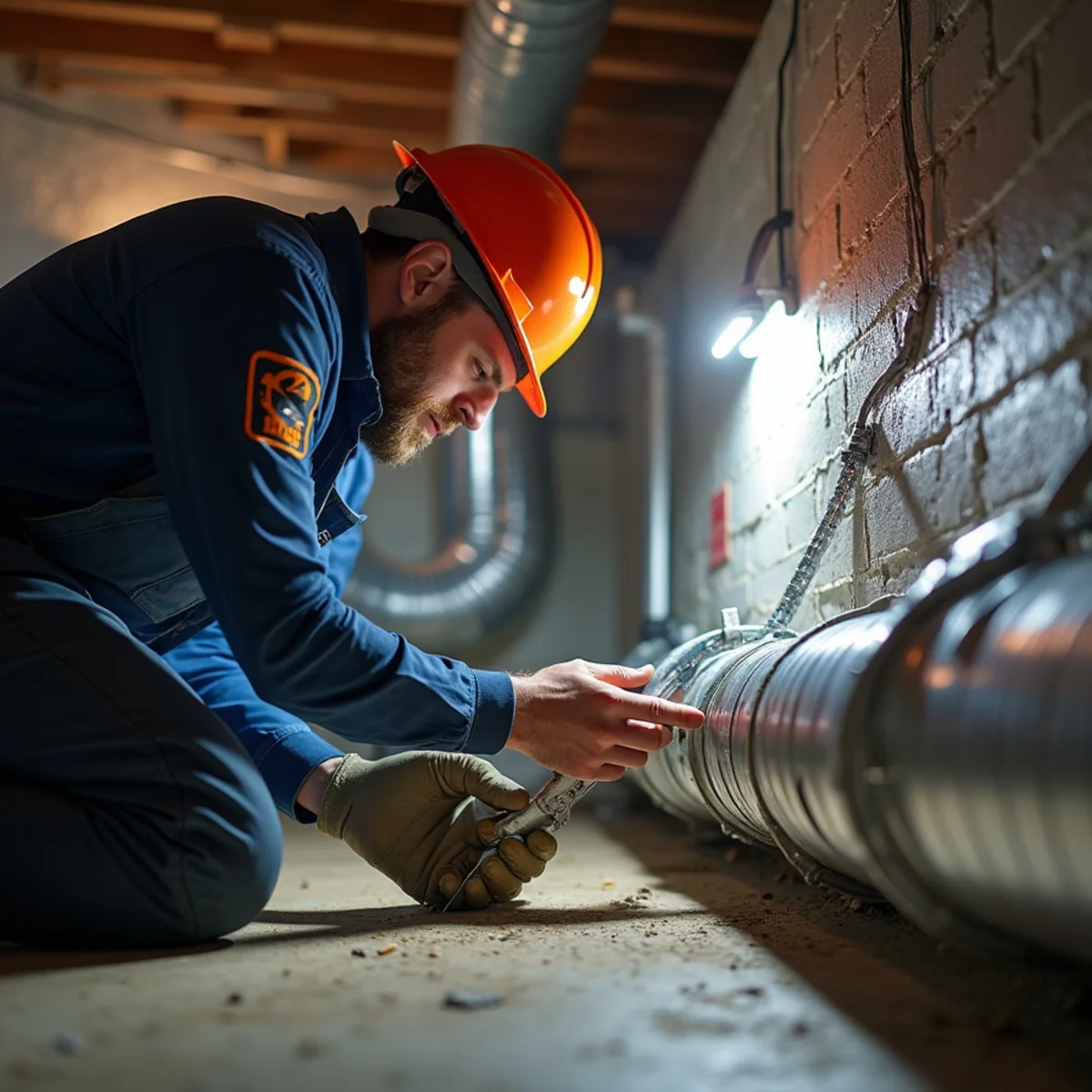 Technician sealing leaky ductwork in a Pittsburgh basement