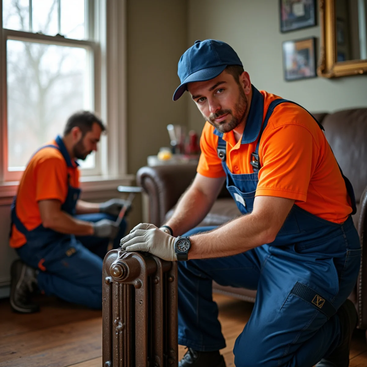 Cast-iron radiator being serviced in a historic Pittsburgh home