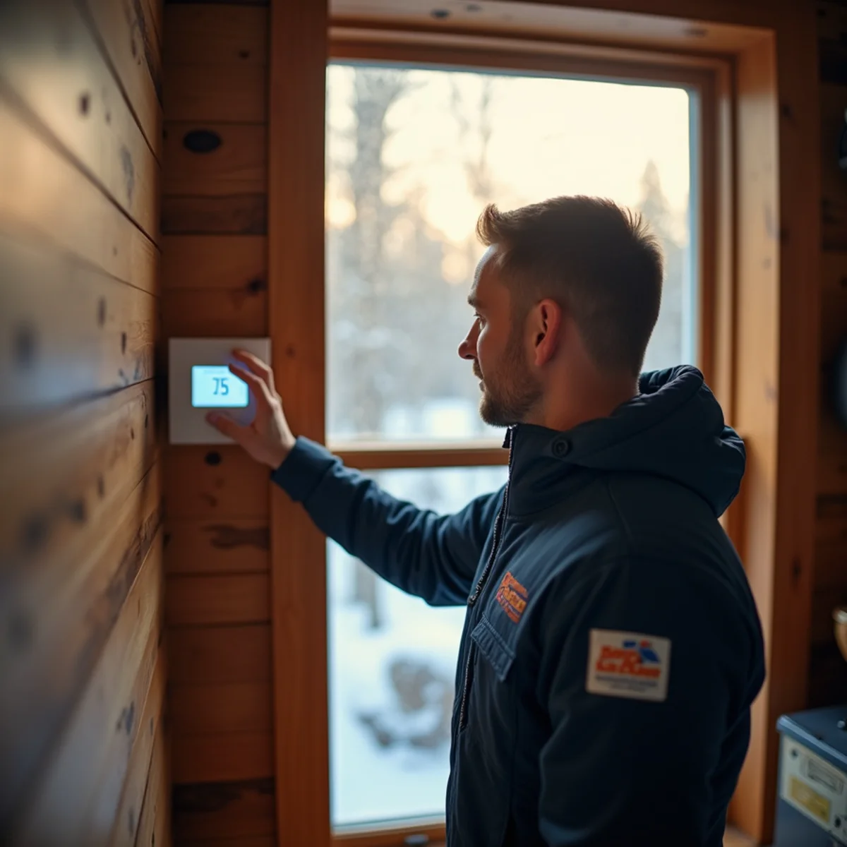 Homeowner setting a programmable thermostat in a Pittsburgh home in winter