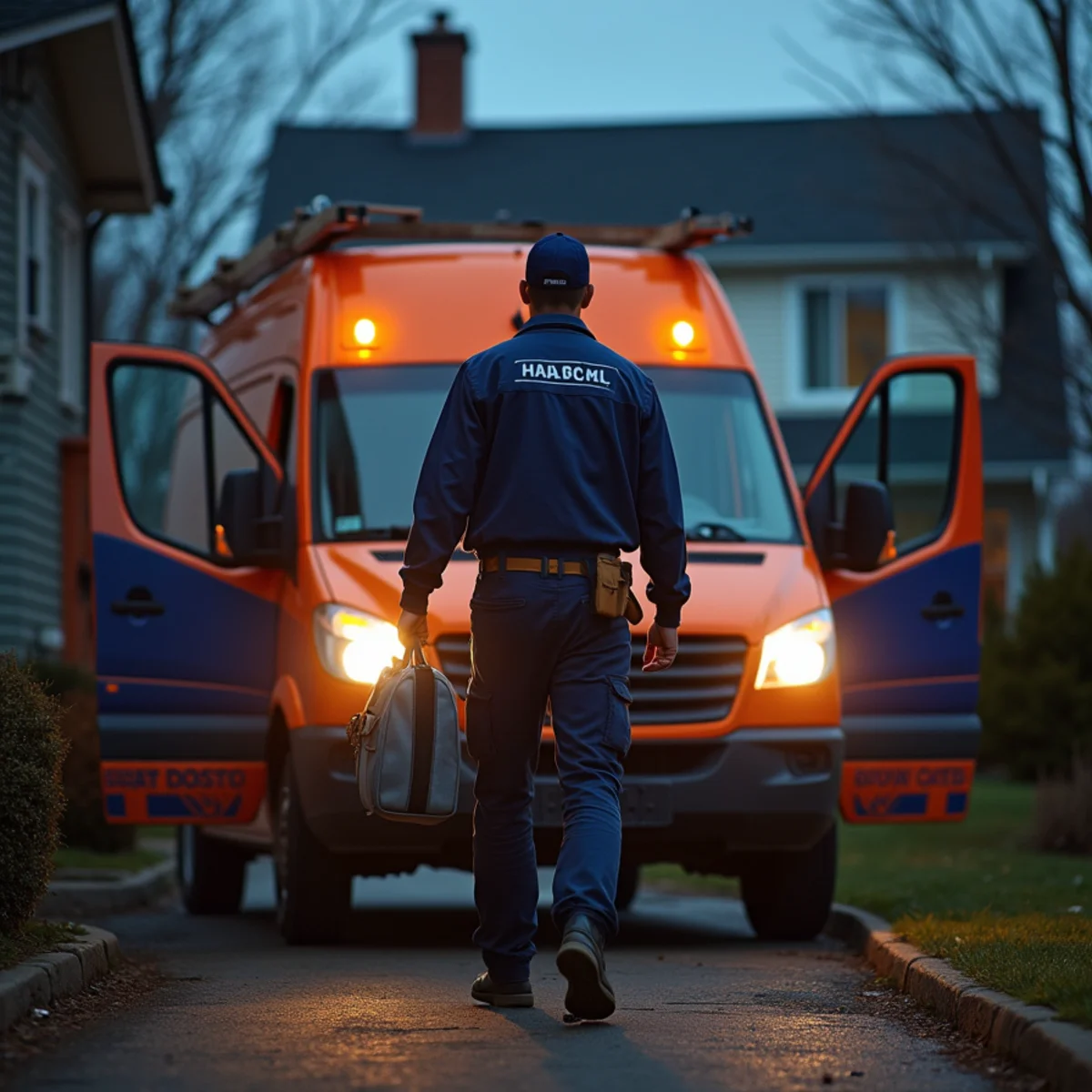 Werth-Aire emergency HVAC technician arriving at a Pittsburgh home at night